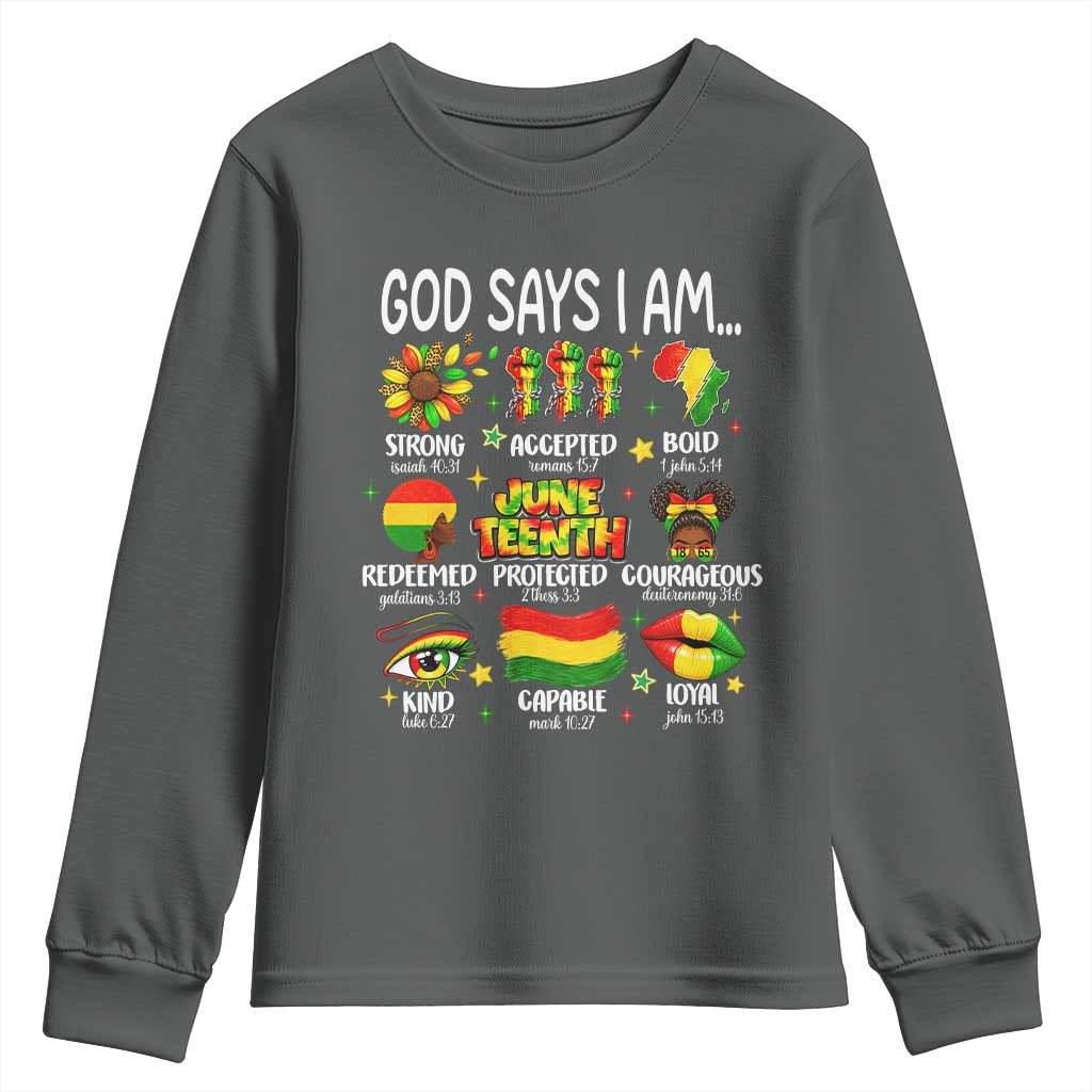 God Says I Am Juneteenth Christian Youth Sweatshirt Pan-African Afrocentric Faith Bible Verses Freedom Day