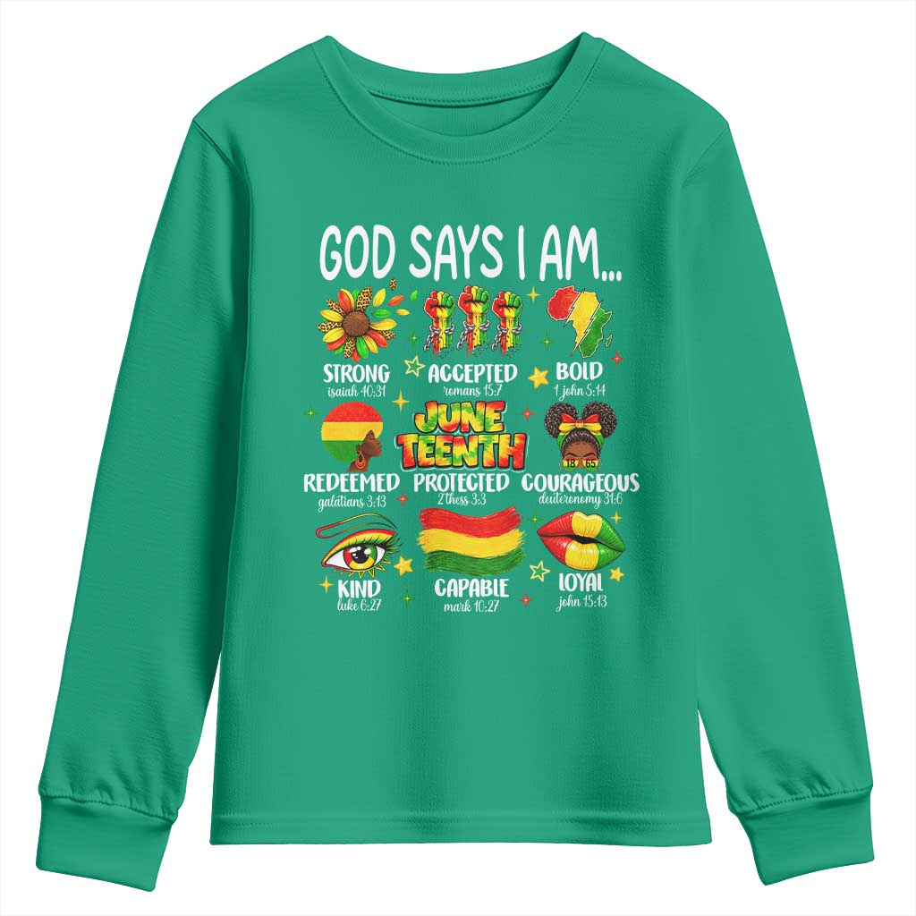 God Says I Am Juneteenth Christian Youth Sweatshirt Pan-African Afrocentric Faith Bible Verses Freedom Day