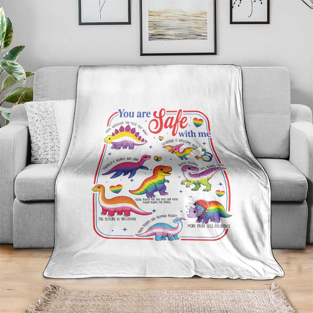 Cute Rainbow Dinosaur LGBTQ Ally Throw Blanket You Are Safe With Me Pride Month