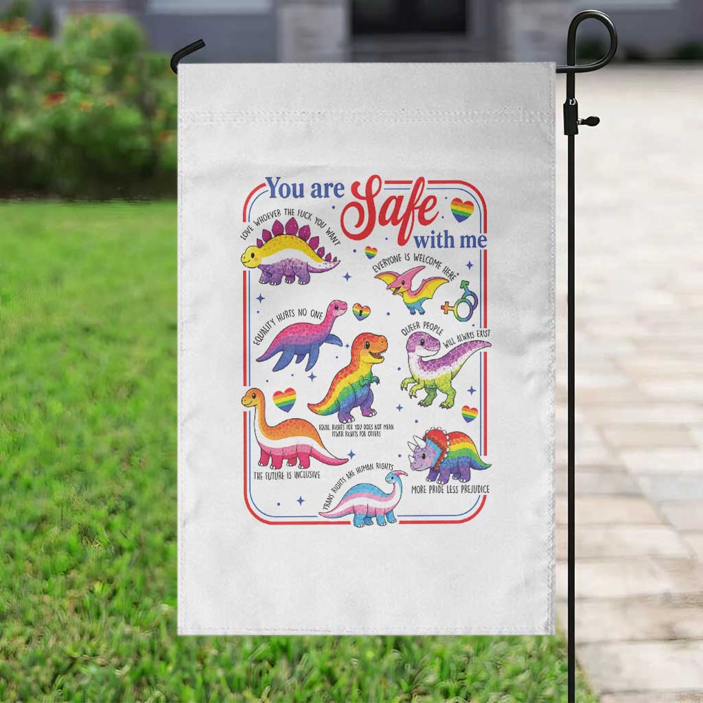 Cute Rainbow Dinosaur LGBTQ Ally Garden Flag You Are Safe With Me Pride Month