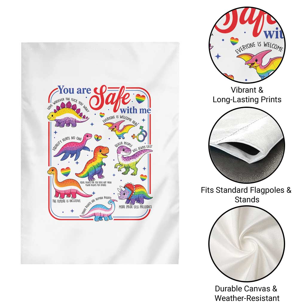 Cute Rainbow Dinosaur LGBTQ Ally Garden Flag You Are Safe With Me Pride Month