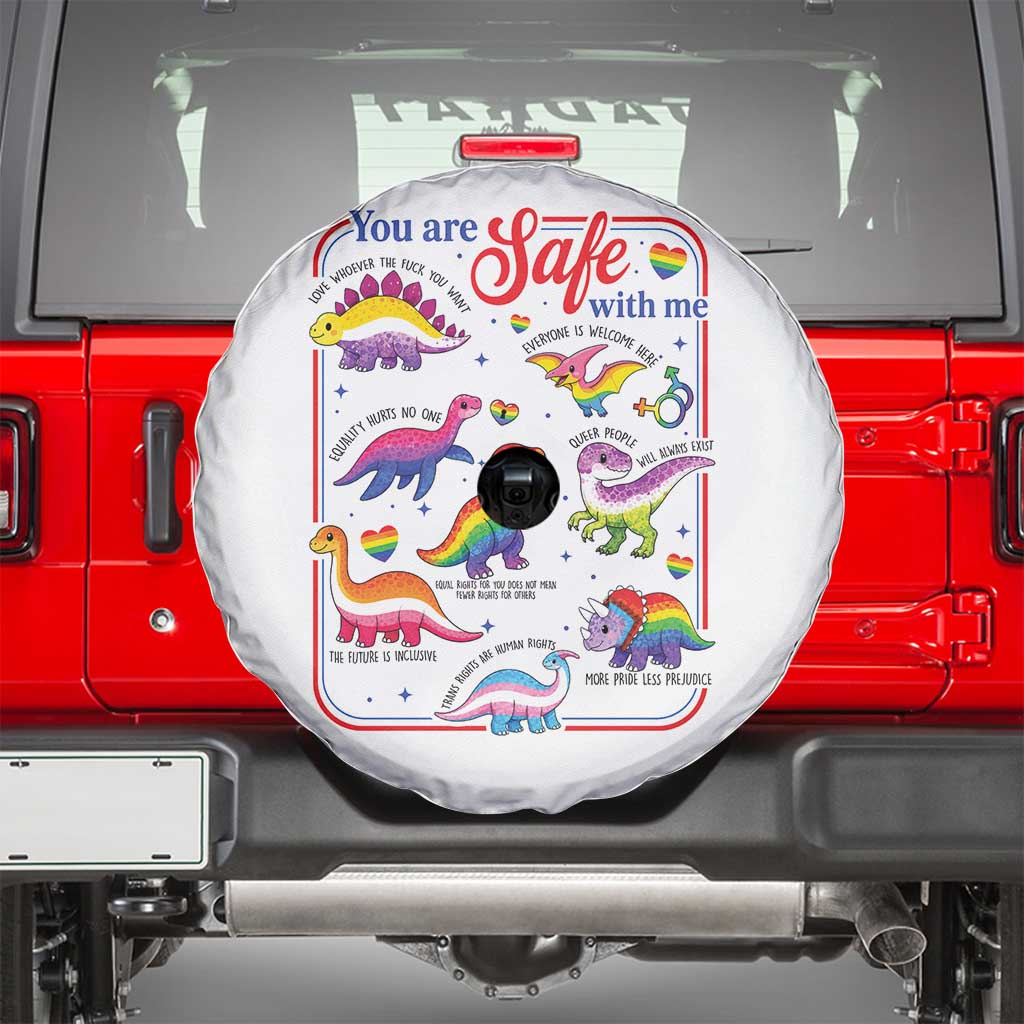 Cute Rainbow Dinosaur LGBTQ Ally Spare Tire Cover You Are Safe With Me Pride Month