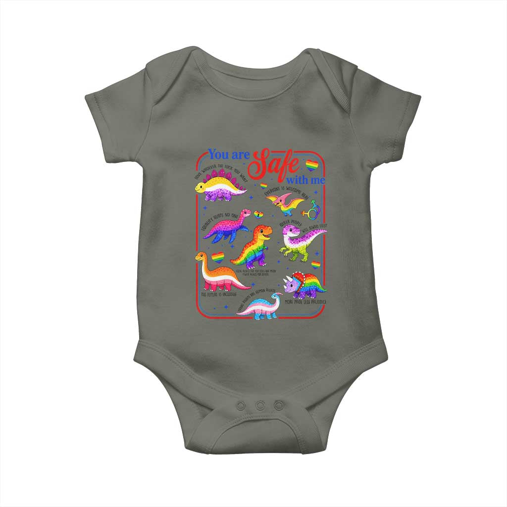 Cute Rainbow Dinosaur LGBTQ Ally Baby Onesie You Are Safe With Me Pride Month