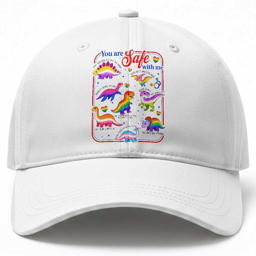 Cute Rainbow Dinosaur LGBTQ Ally Baseball Cap You Are Safe With Me Pride Month
