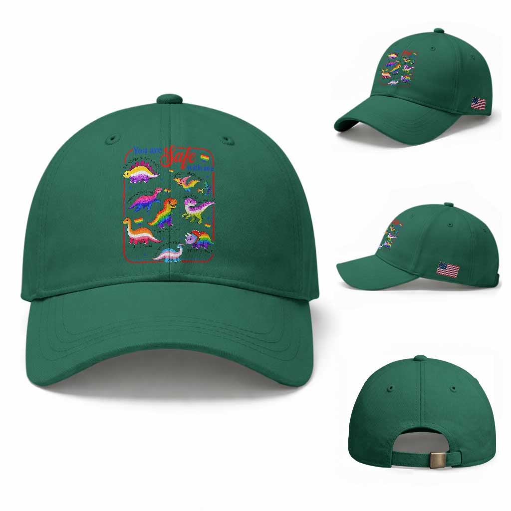 Cute Rainbow Dinosaur LGBTQ Ally Baseball Cap You Are Safe With Me Pride Month