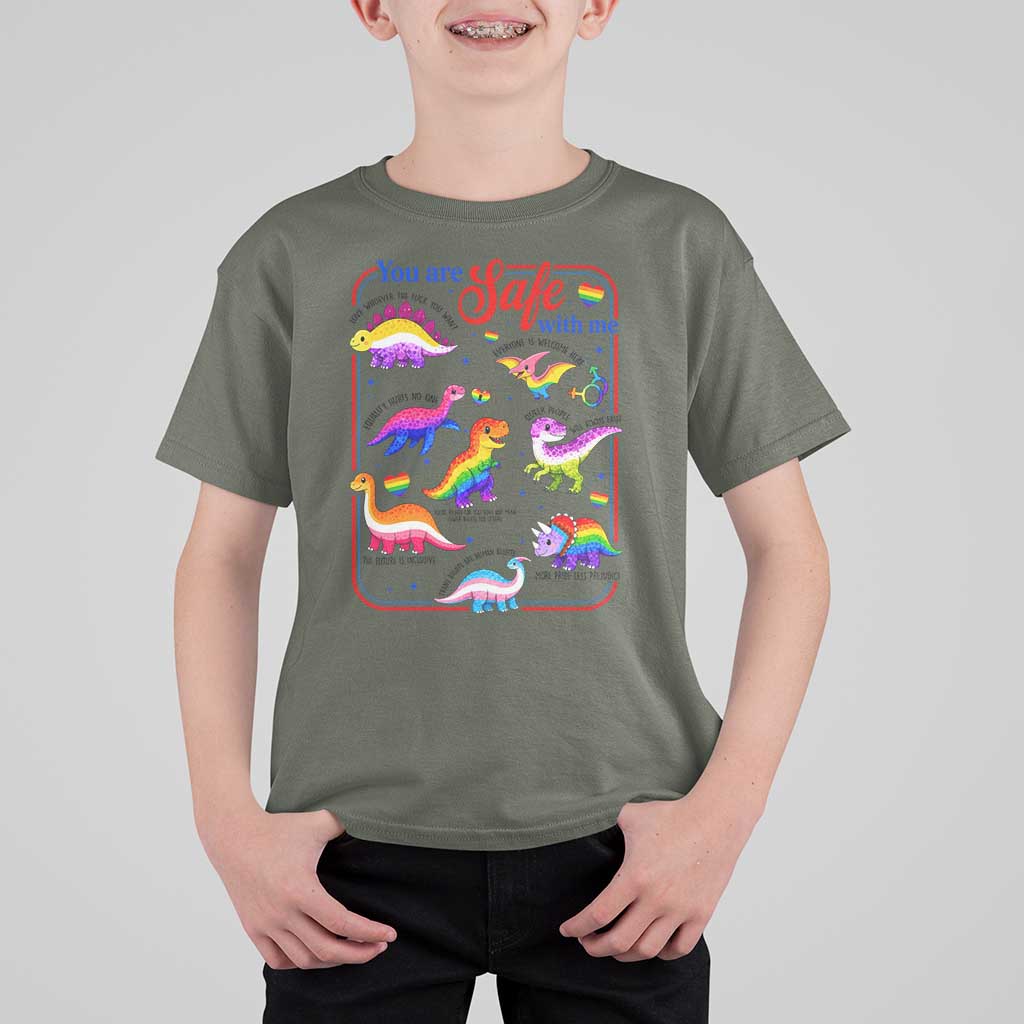 Cute Rainbow Dinosaur LGBTQ Ally T Shirt For Kid You Are Safe With Me Pride Month