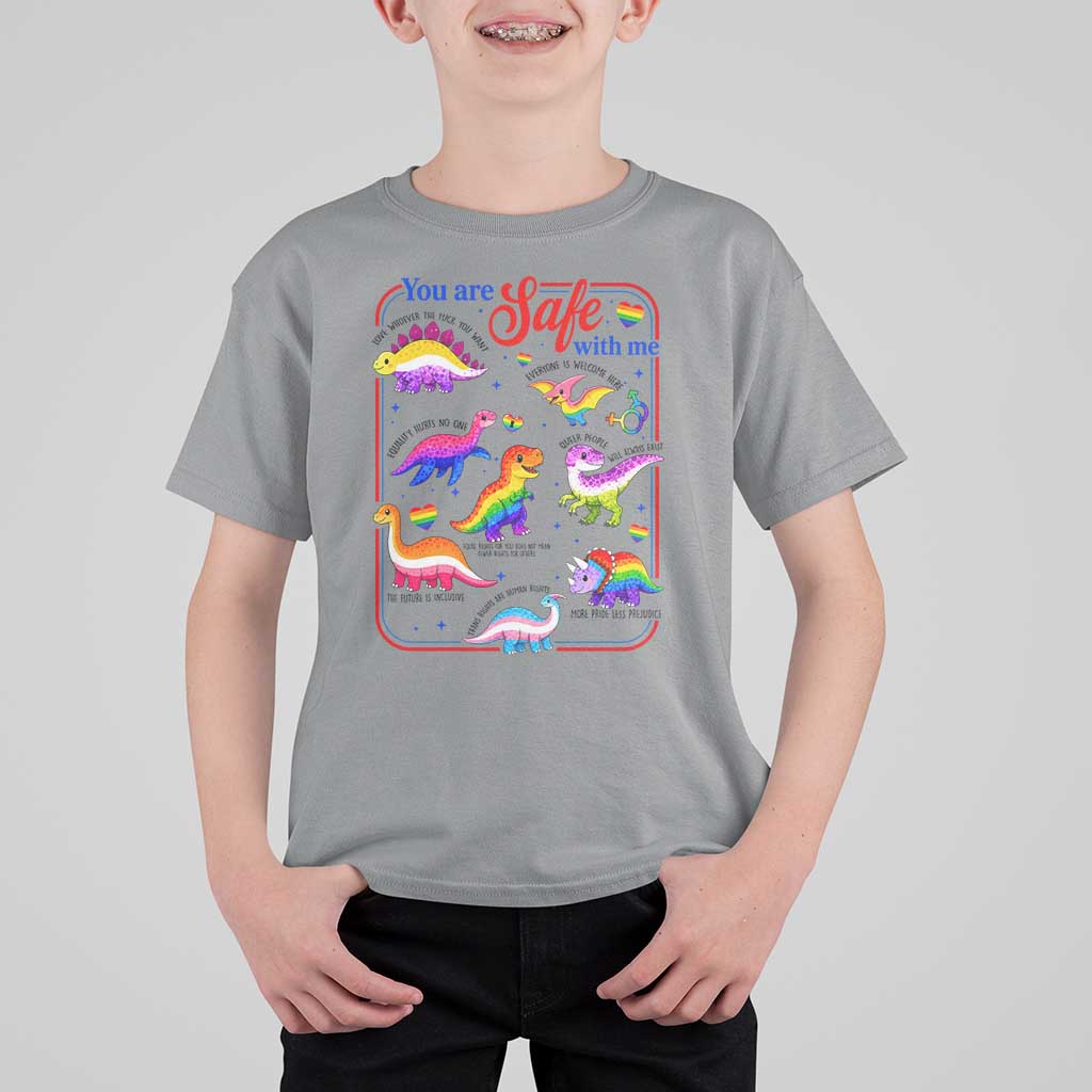 Cute Rainbow Dinosaur LGBTQ Ally T Shirt For Kid You Are Safe With Me Pride Month
