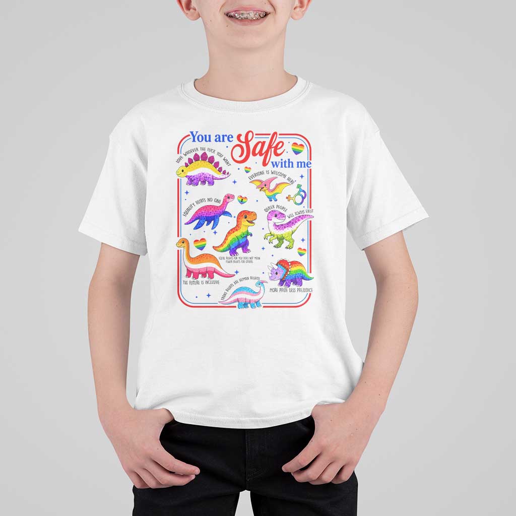 Cute Rainbow Dinosaur LGBTQ Ally T Shirt For Kid You Are Safe With Me Pride Month