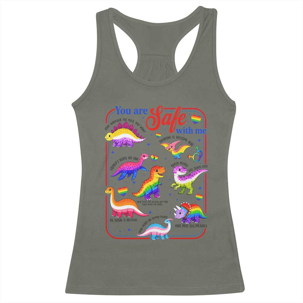 Cute Rainbow Dinosaur LGBTQ Ally Racerback Tank Top You Are Safe With Me Pride Month