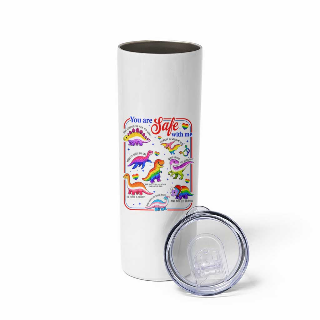 Cute Rainbow Dinosaur LGBTQ Ally Skinny Tumbler You Are Safe With Me Pride Month