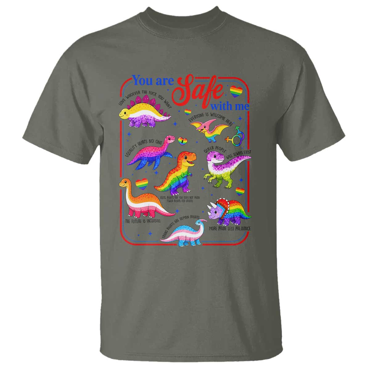 Cute Rainbow Dinosaur LGBTQ Ally T Shirt You Are Safe With Me Pride Month