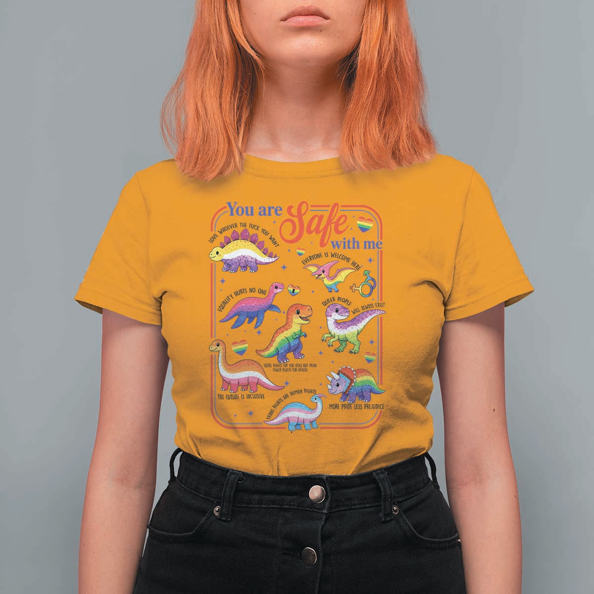 Cute Rainbow Dinosaur LGBTQ Ally T Shirt For Women You Are Safe With Me Pride Month