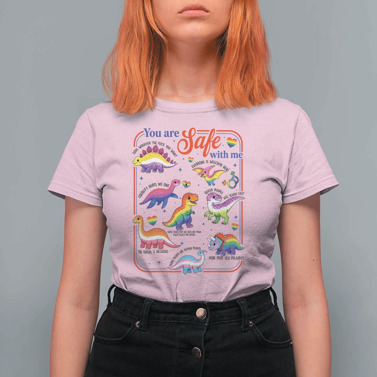 Cute Rainbow Dinosaur LGBTQ Ally T Shirt For Women You Are Safe With Me Pride Month