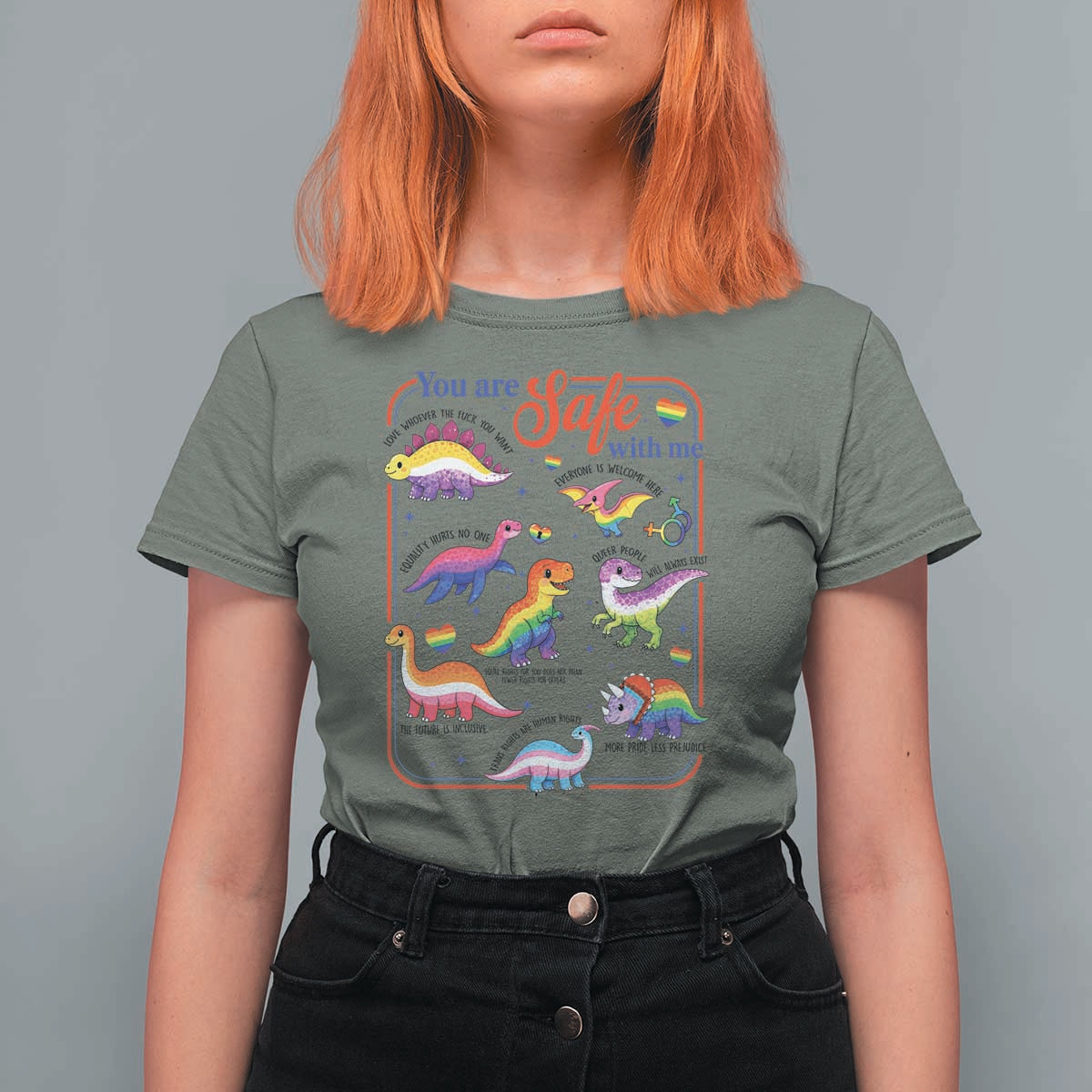 Cute Rainbow Dinosaur LGBTQ Ally T Shirt For Women You Are Safe With Me Pride Month