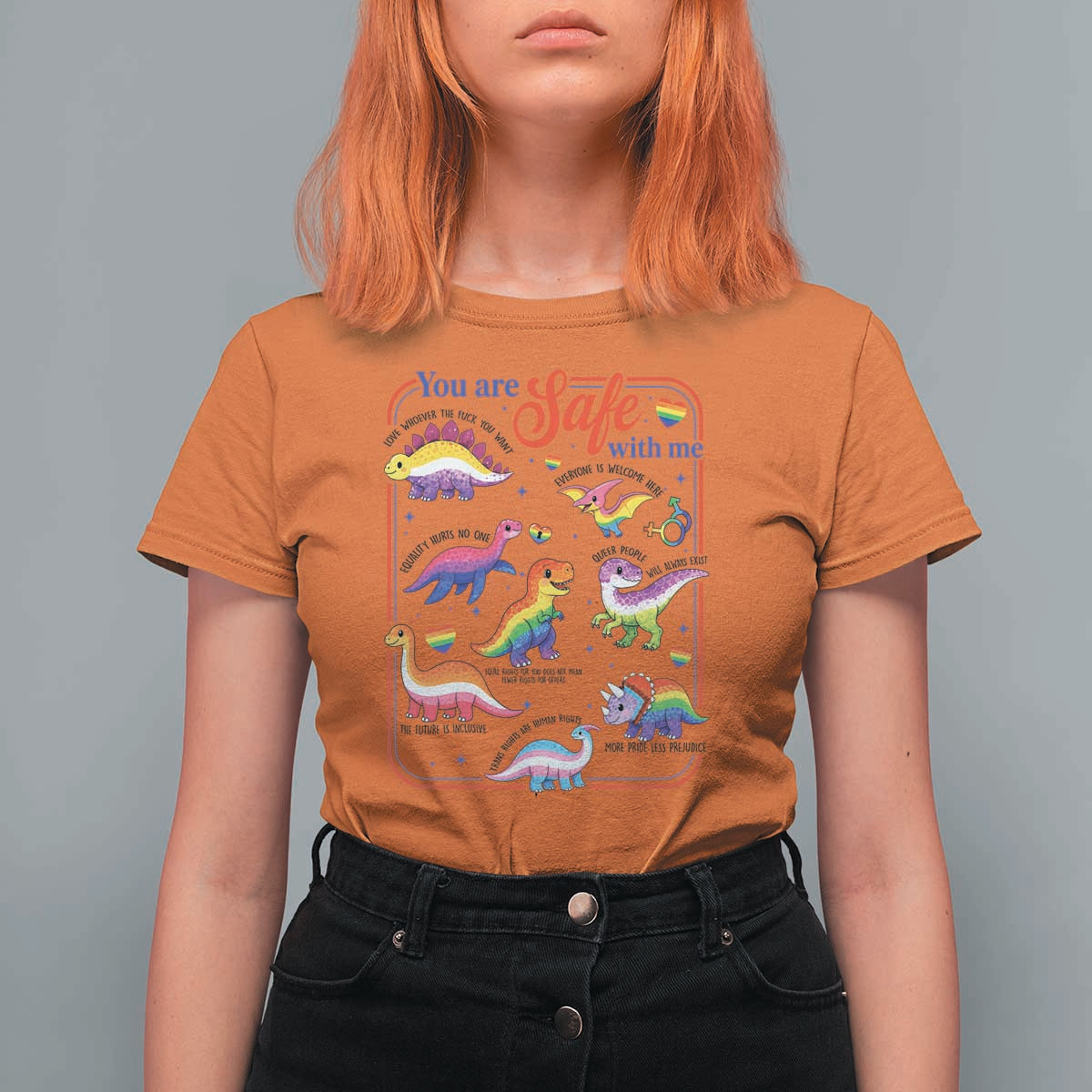 Cute Rainbow Dinosaur LGBTQ Ally T Shirt For Women You Are Safe With Me Pride Month