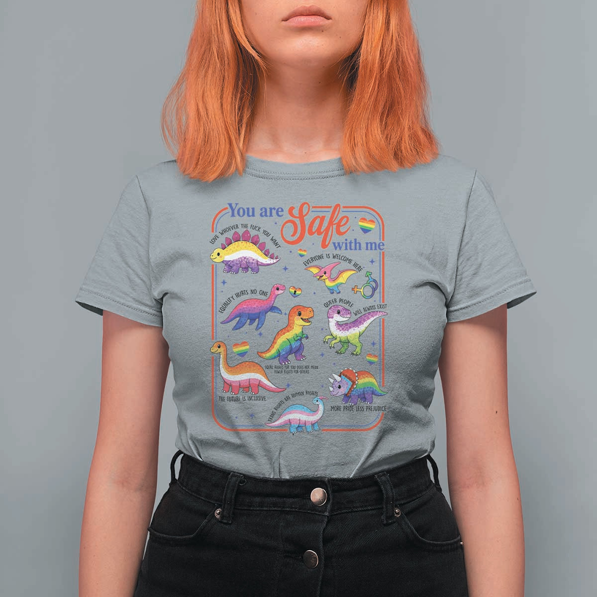 Cute Rainbow Dinosaur LGBTQ Ally T Shirt For Women You Are Safe With Me Pride Month