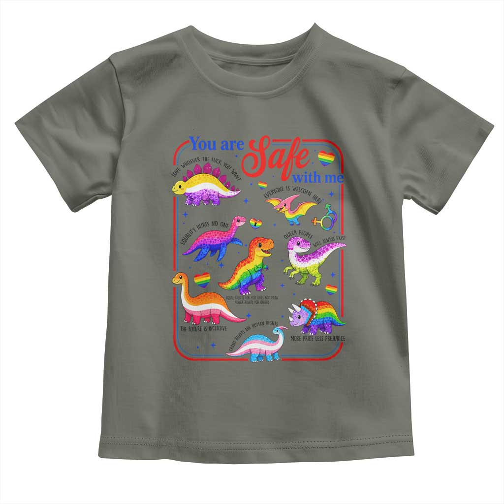 Cute Rainbow Dinosaur LGBTQ Ally Toddler T Shirt You Are Safe With Me Pride Month
