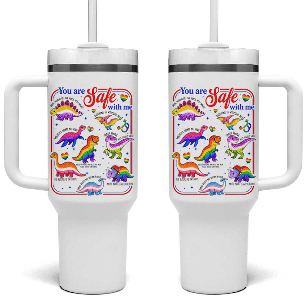 Cute Rainbow Dinosaur LGBTQ Ally Tumbler With Handle You Are Safe With Me Pride Month