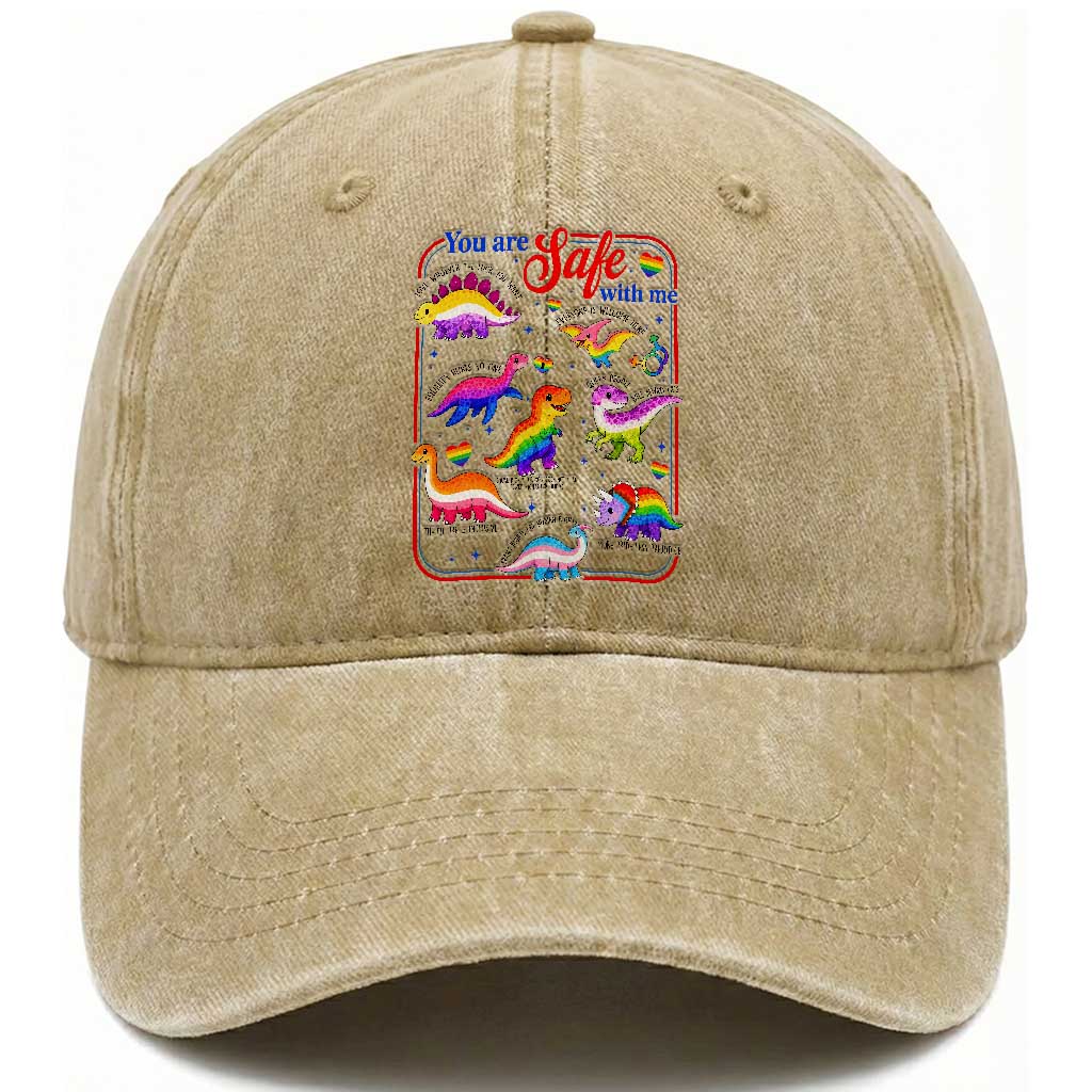 Cute Rainbow Dinosaur LGBTQ Ally Washed Cotton Baseball Cap You Are Safe With Me Pride Month