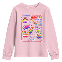 Cute Rainbow Dinosaur LGBTQ Ally Youth Sweatshirt You Are Safe With Me Pride Month