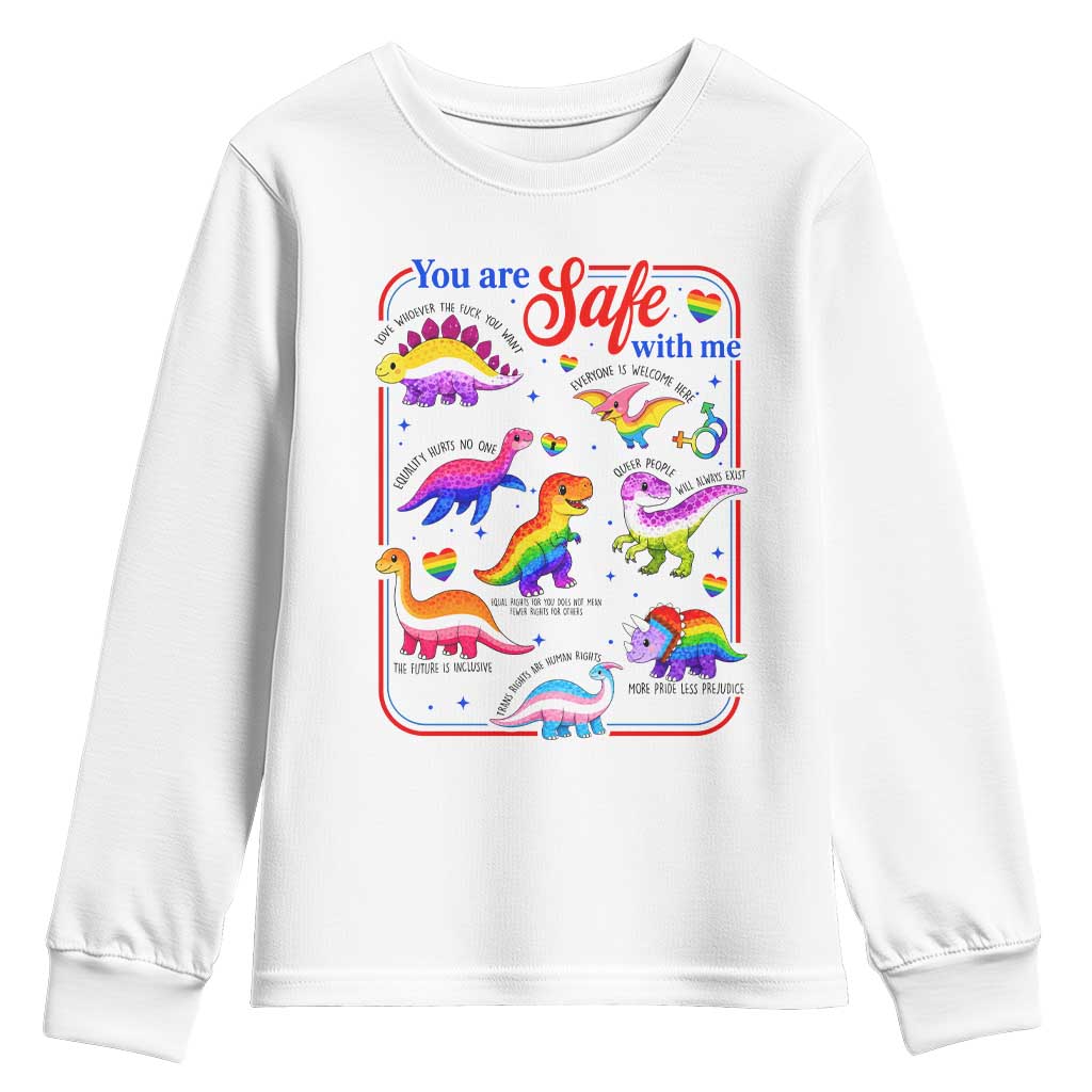 Cute Rainbow Dinosaur LGBTQ Ally Youth Sweatshirt You Are Safe With Me Pride Month