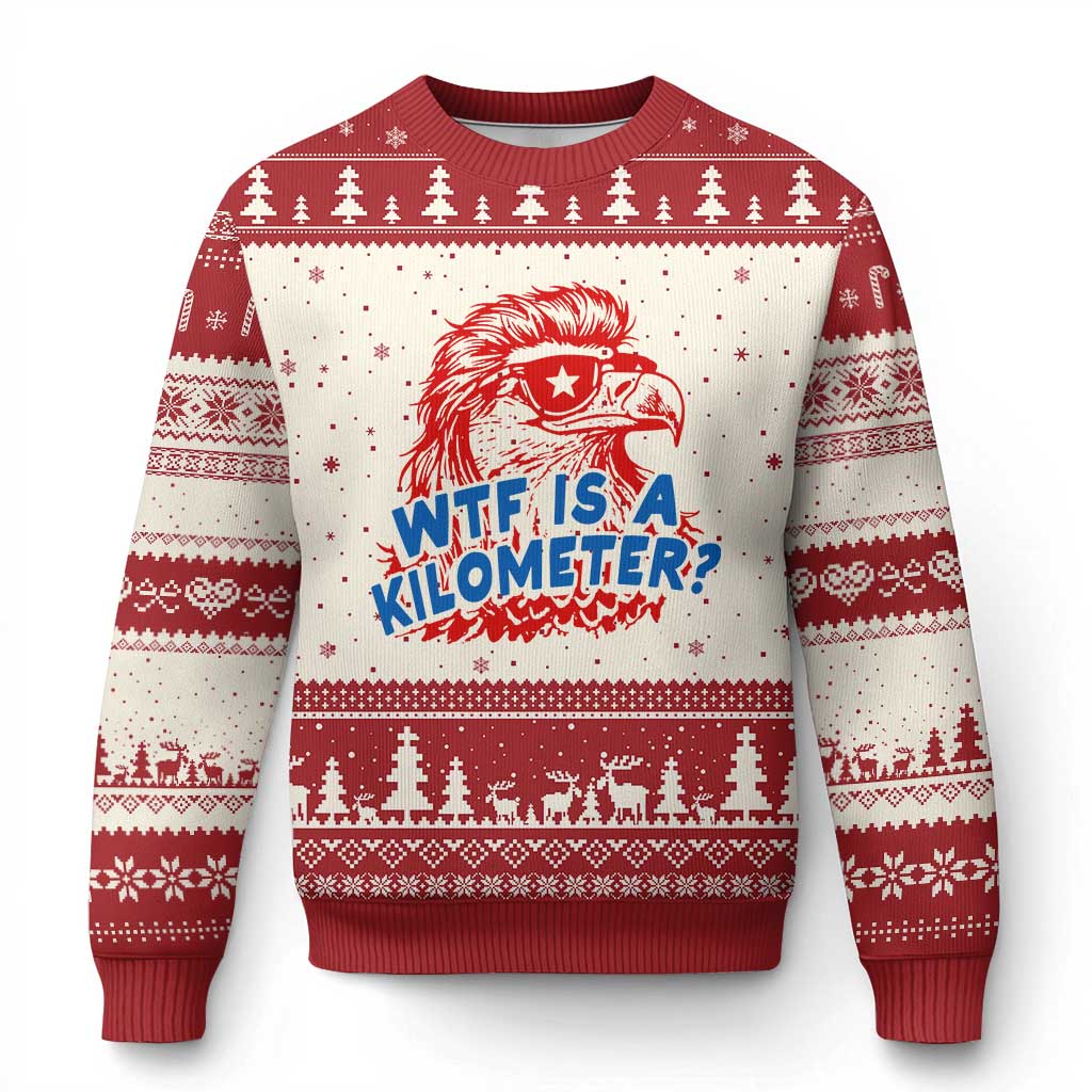 WTF Is A Kilometer Funny American Bald Eagle Ugly Christmas Sweater Patriotic 4th of July Humor