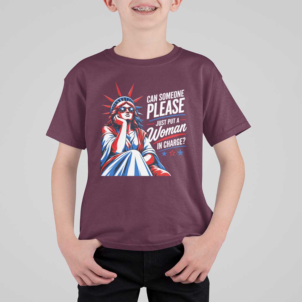 Patriotic Lady Liberty Feminist Graphic T Shirt For Kid Can Someone Please Just Put A Woman In Charge Funny Feminism