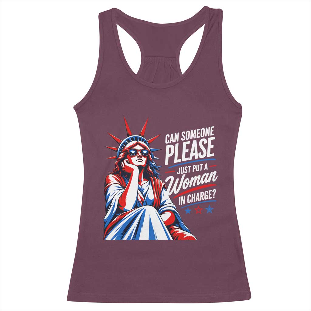 Patriotic Lady Liberty Feminist Graphic Racerback Tank Top Can Someone Please Just Put A Woman In Charge Funny Feminism