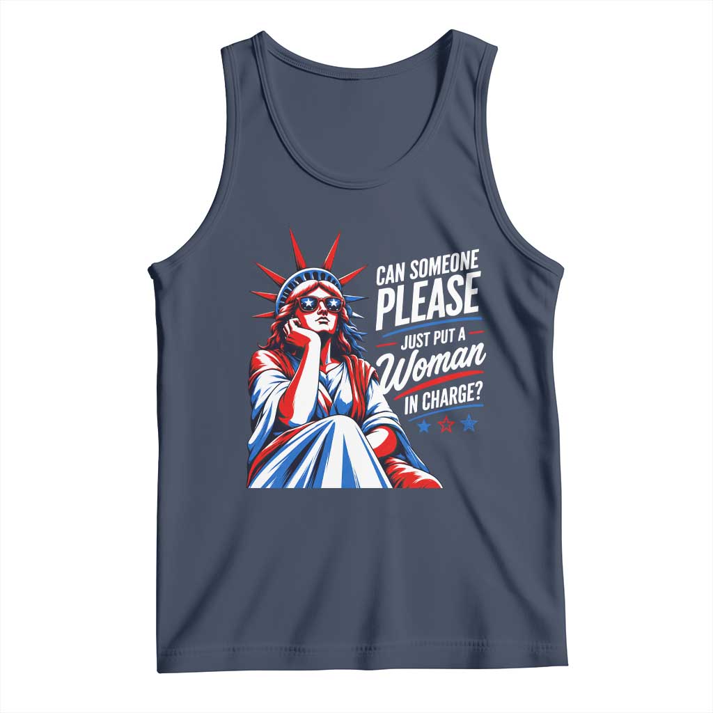 Patriotic Lady Liberty Feminist Graphic Tank Top Can Someone Please Just Put A Woman In Charge Funny Feminism