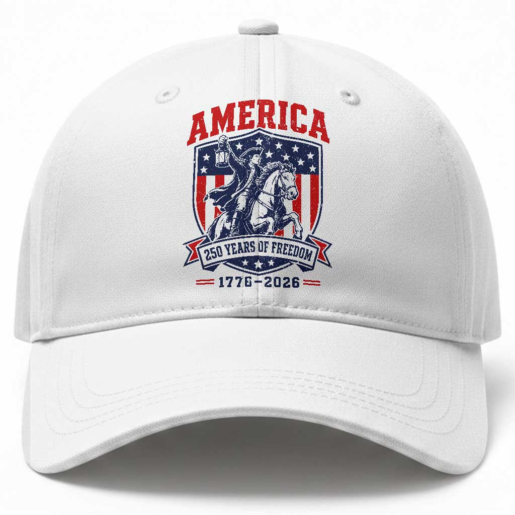250 Years of Freedom Paul Revere Midnight Ride Baseball Cap Patriotic Historical Revolution American Flag Shield