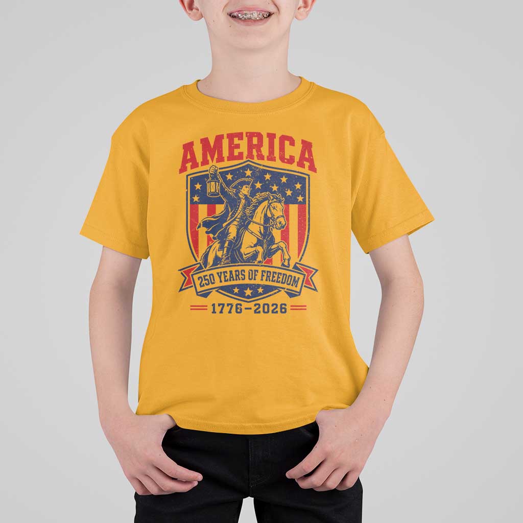 250 Years of Freedom Paul Revere Midnight Ride T Shirt For Kid Patriotic Historical Revolution American Flag Shield