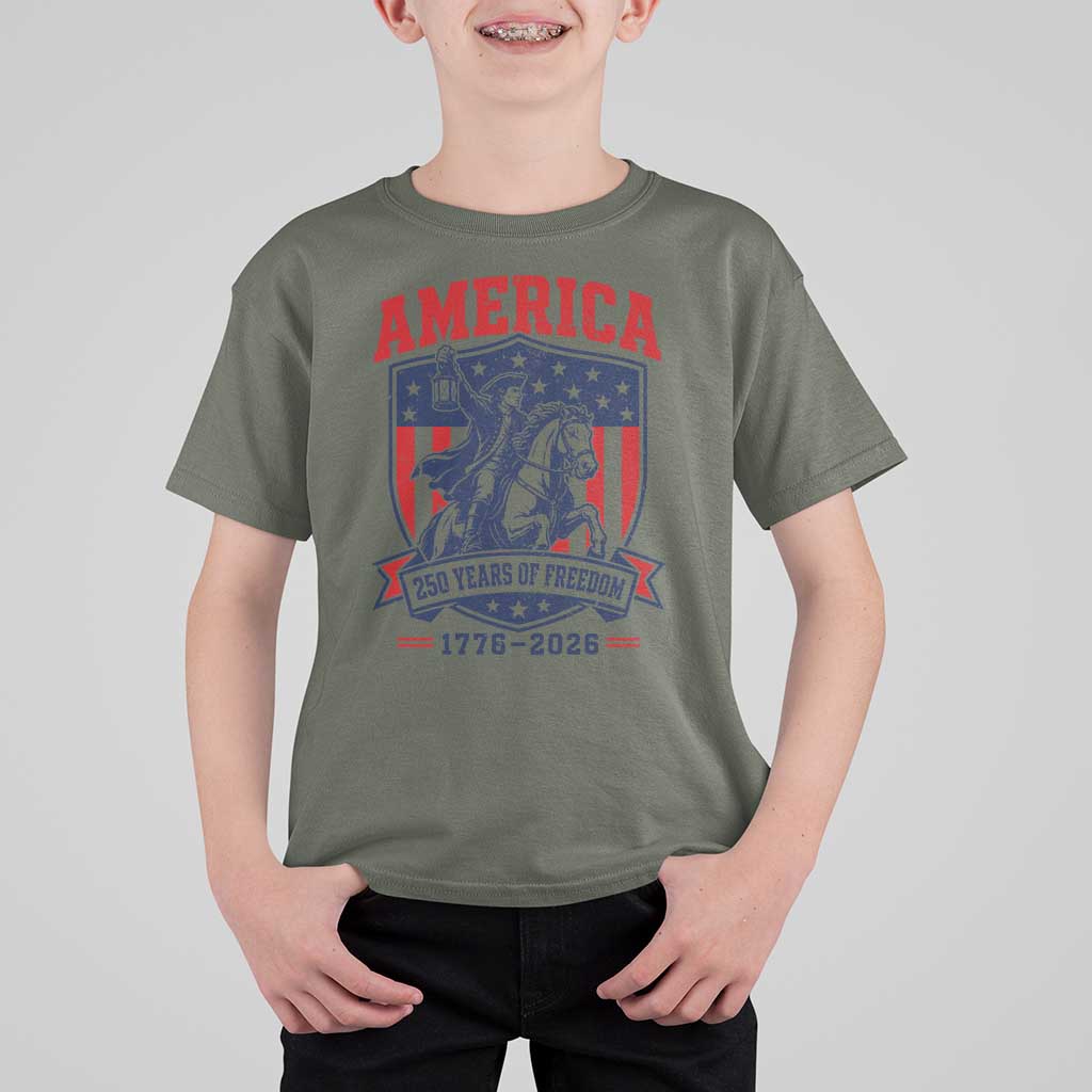 250 Years of Freedom Paul Revere Midnight Ride T Shirt For Kid Patriotic Historical Revolution American Flag Shield