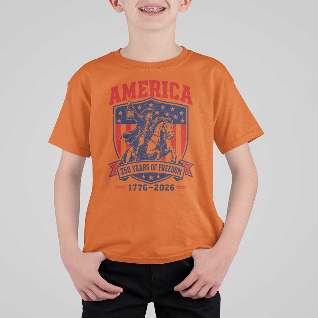 250 Years of Freedom Paul Revere Midnight Ride T Shirt For Kid Patriotic Historical Revolution American Flag Shield