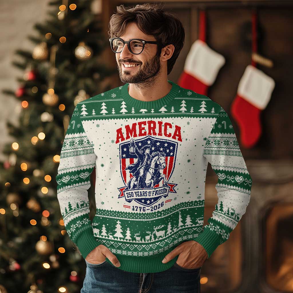250 Years of Freedom Paul Revere Midnight Ride Ugly Christmas Sweater Patriotic Historical Revolution American Flag Shield