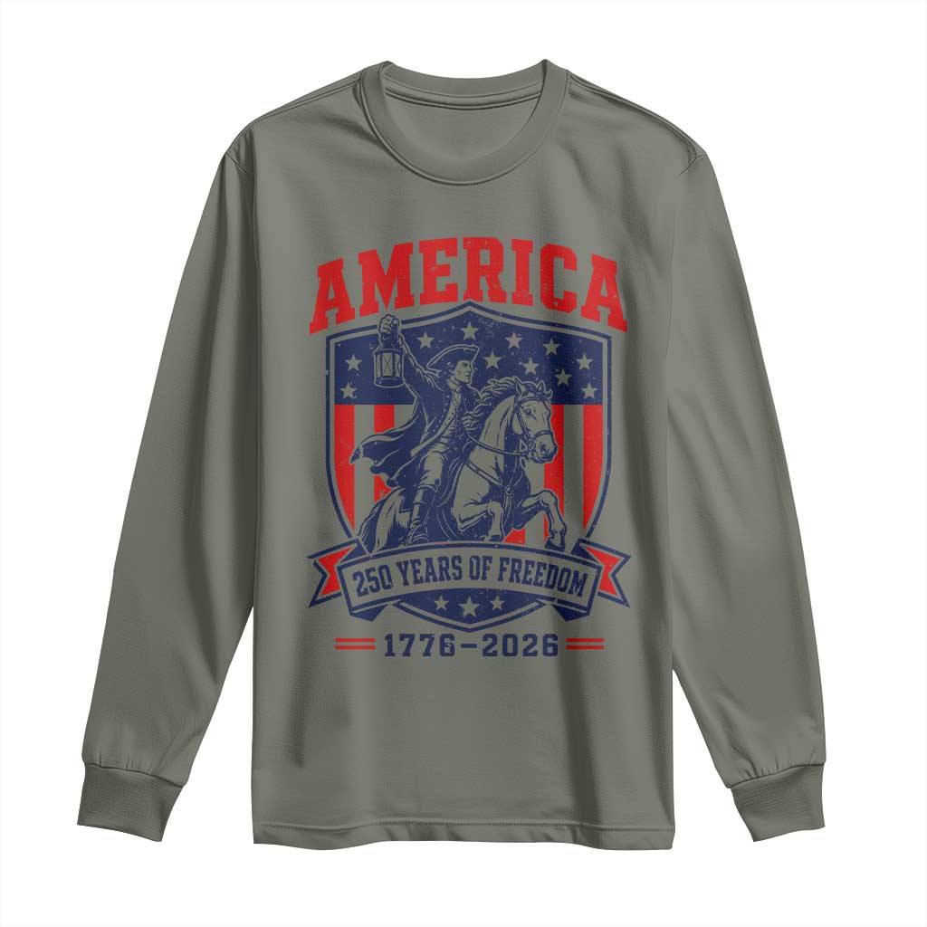 250 Years of Freedom Paul Revere Midnight Ride Long Sleeve Shirt Patriotic Historical Revolution American Flag Shield