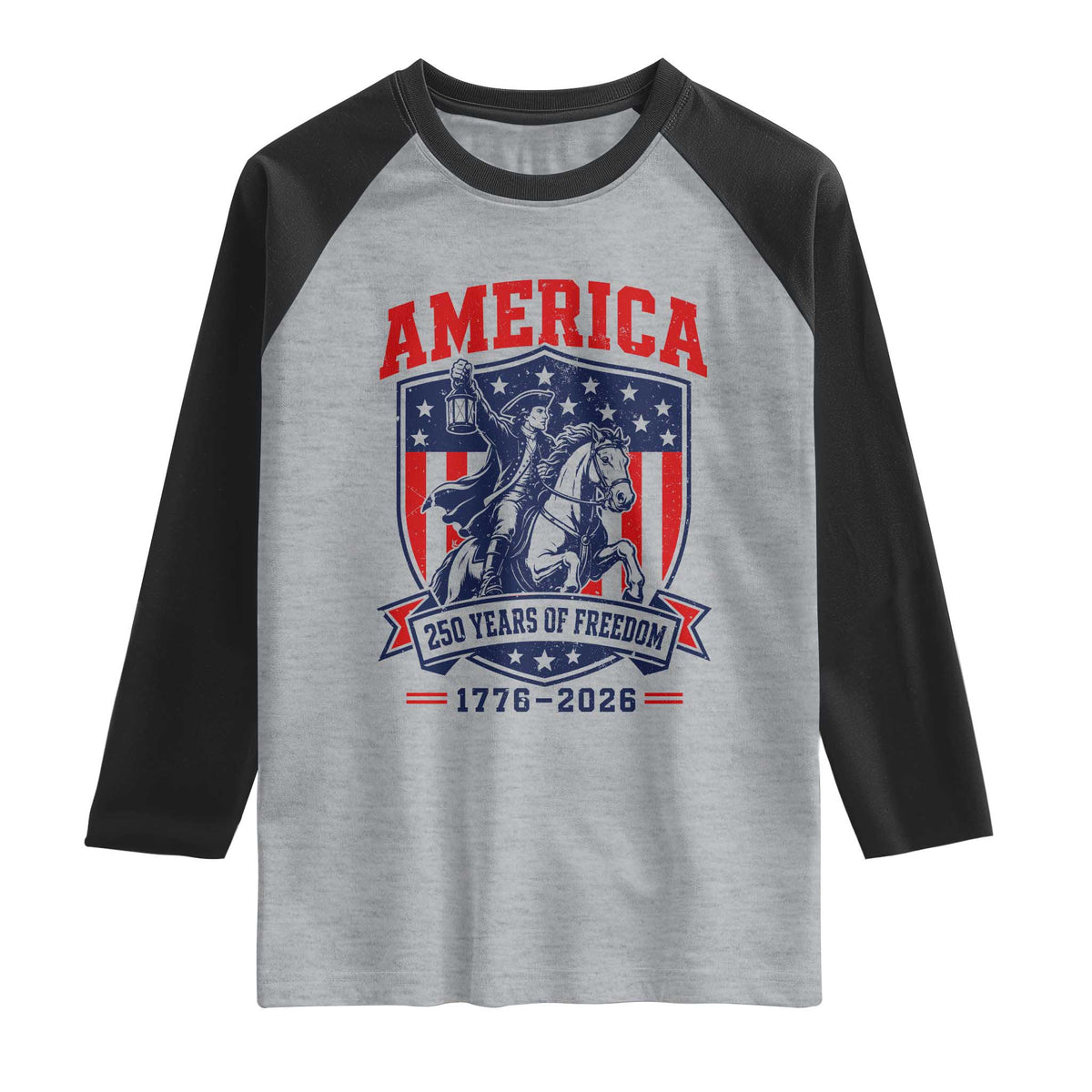 250 Years of Freedom Paul Revere Midnight Ride Raglan Shirt Patriotic Historical Revolution American Flag Shield