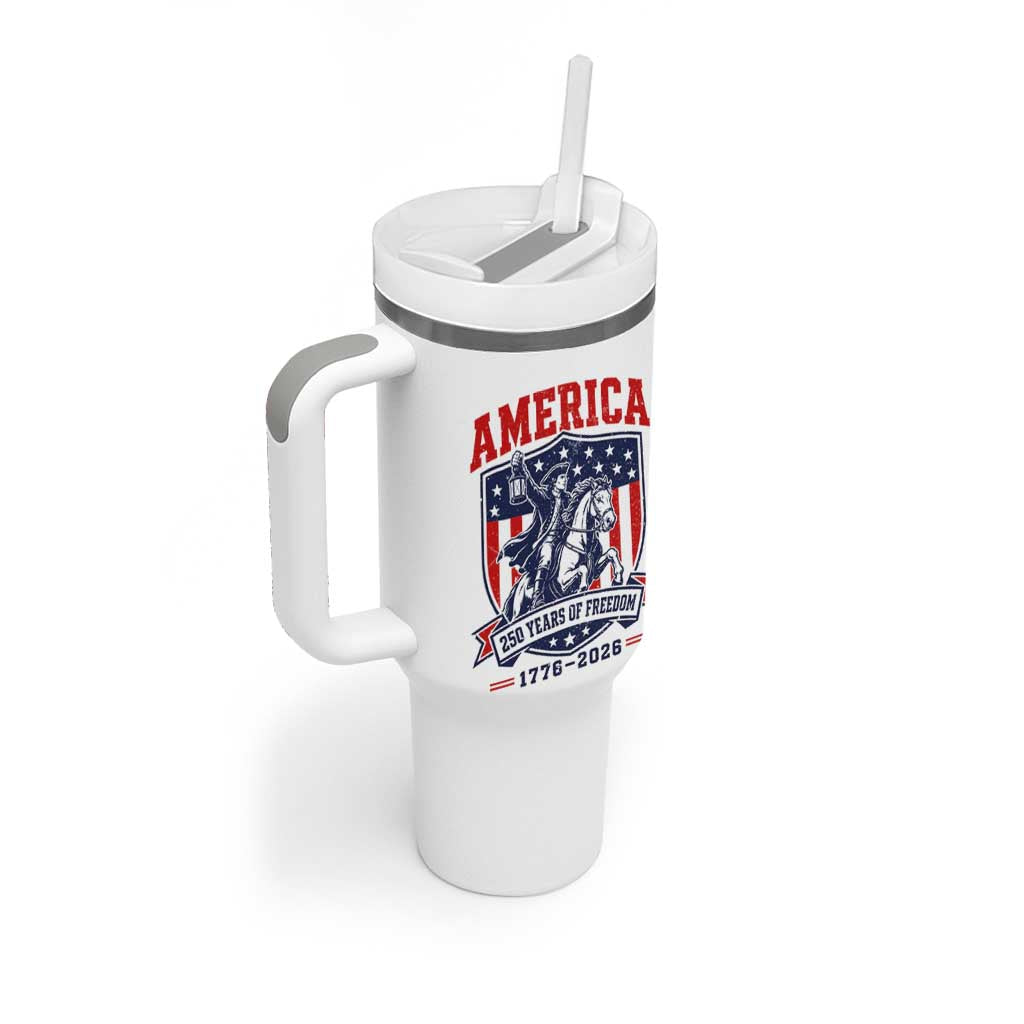 250 Years of Freedom Paul Revere Midnight Ride Tumbler With Handle Patriotic Historical Revolution American Flag Shield