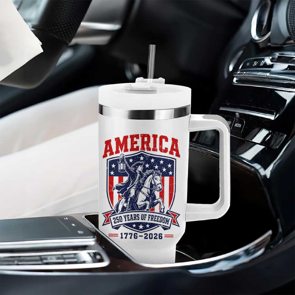 250 Years of Freedom Paul Revere Midnight Ride Tumbler With Handle Patriotic Historical Revolution American Flag Shield