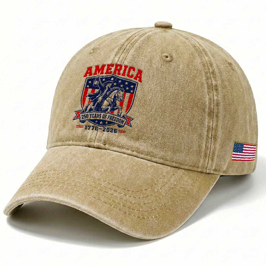 250 Years of Freedom Paul Revere Midnight Ride Washed Cotton Baseball Cap Patriotic Historical Revolution American Flag Shield