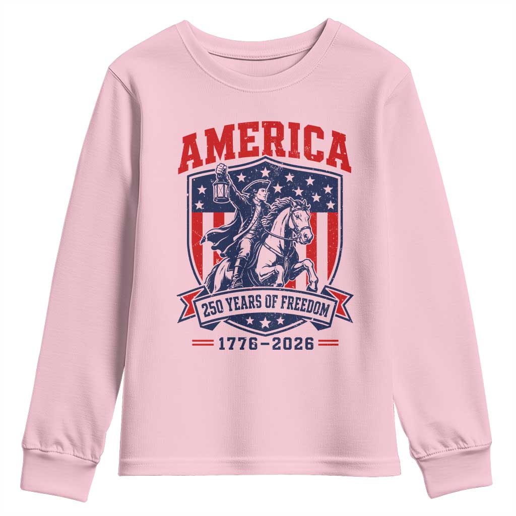 250 Years of Freedom Paul Revere Midnight Ride Youth Sweatshirt Patriotic Historical Revolution American Flag Shield