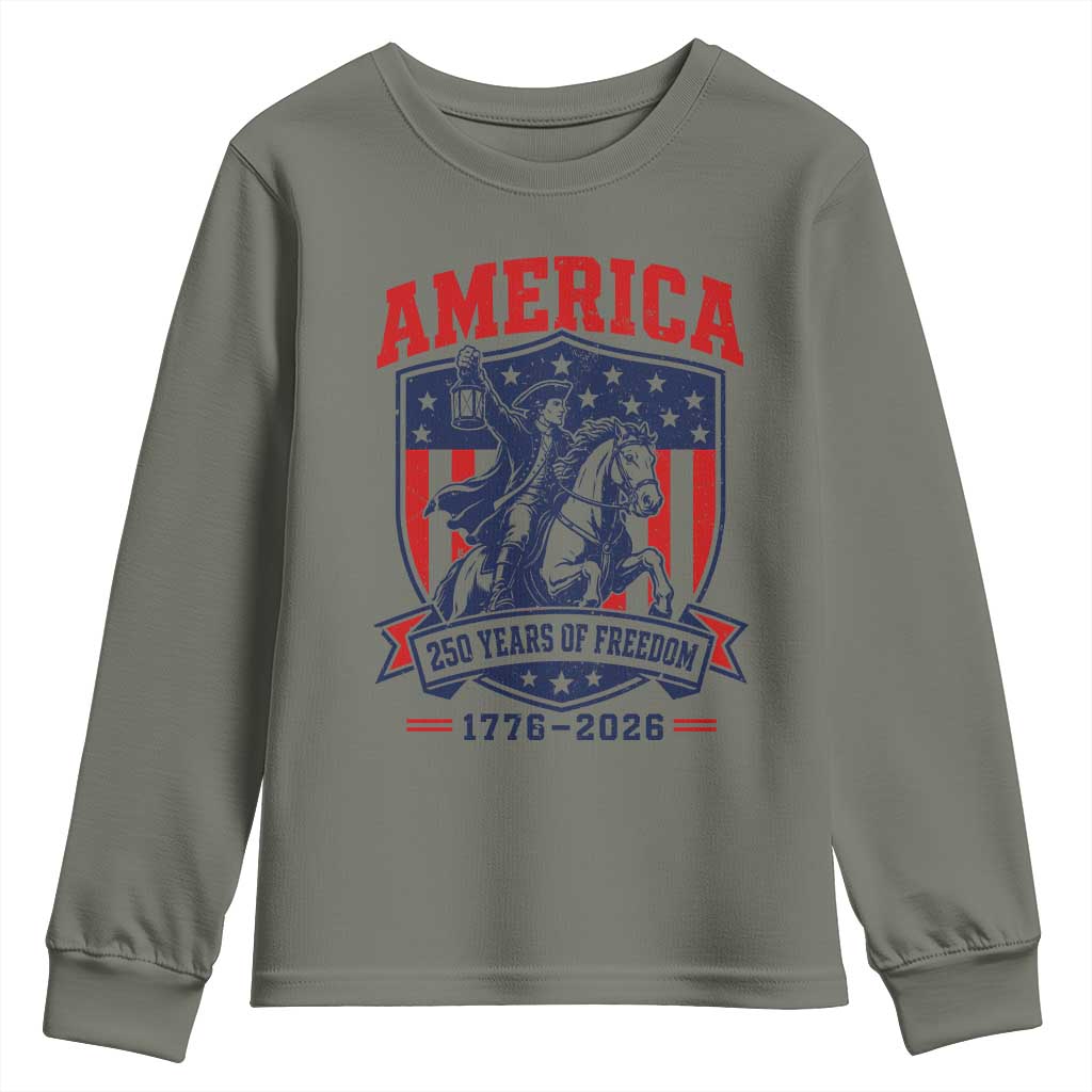 250 Years of Freedom Paul Revere Midnight Ride Youth Sweatshirt Patriotic Historical Revolution American Flag Shield