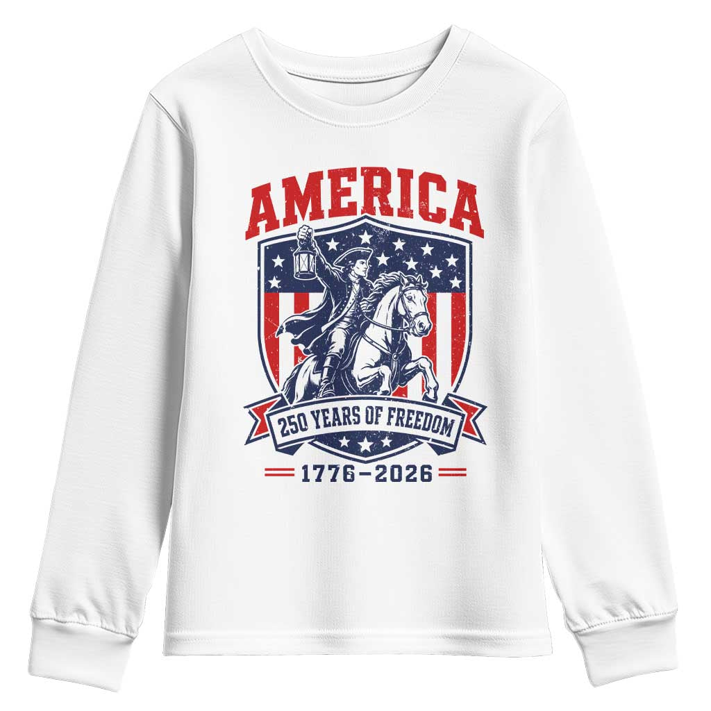 250 Years of Freedom Paul Revere Midnight Ride Youth Sweatshirt Patriotic Historical Revolution American Flag Shield