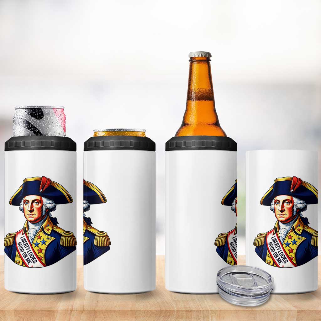 George Washington Patriotic History Graphic 4 in 1 Can Cooler Tumbler Liberty Looks Good On Me 4th of July Founding Father Humor