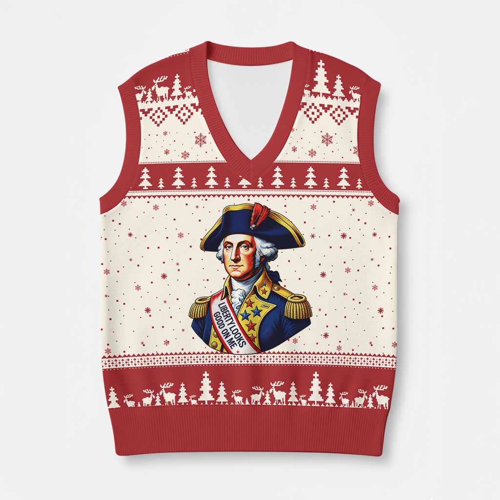 George Washington Patriotic History Graphic V-Neck Knit Sweater Vest Liberty Looks Good On Me 4th of July Founding Father Humor