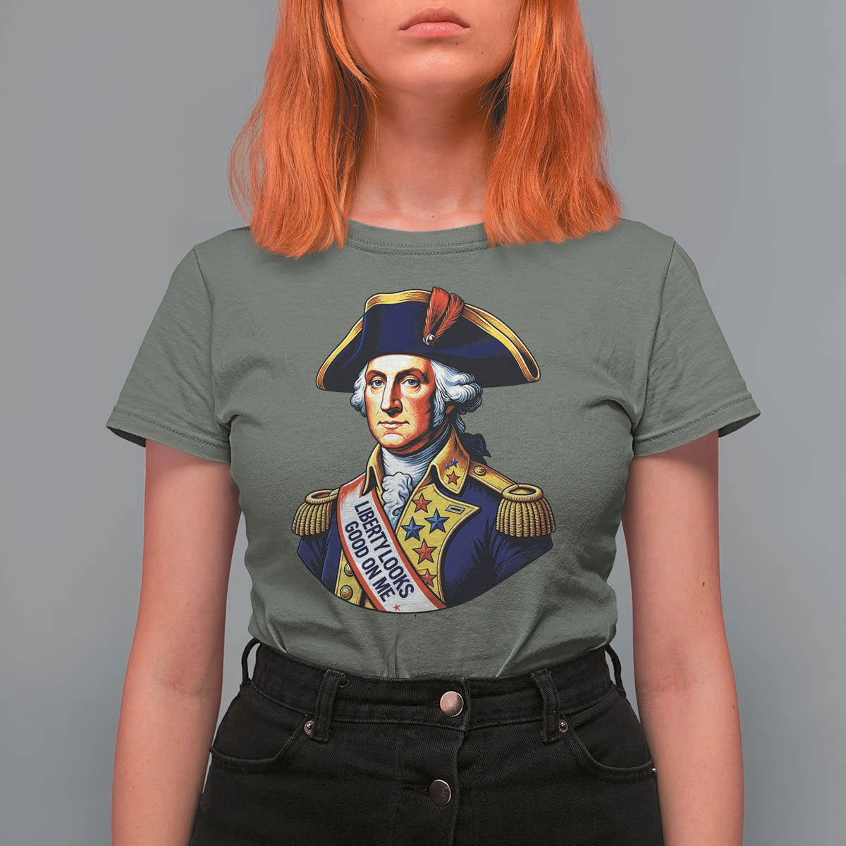 George Washington Patriotic History Graphic T Shirt For Women Liberty Looks Good On Me 4th of July Founding Father Humor