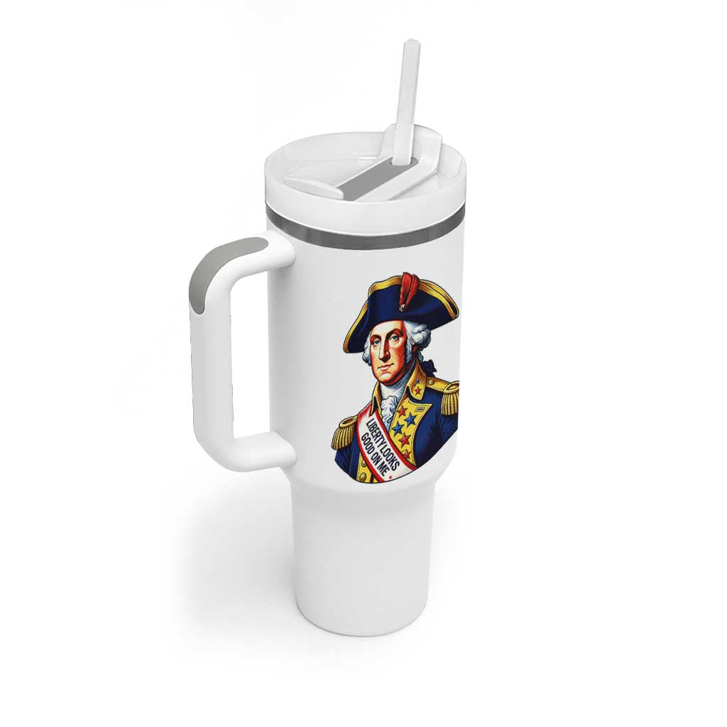 George Washington Patriotic History Graphic Tumbler With Handle Liberty Looks Good On Me 4th of July Founding Father Humor
