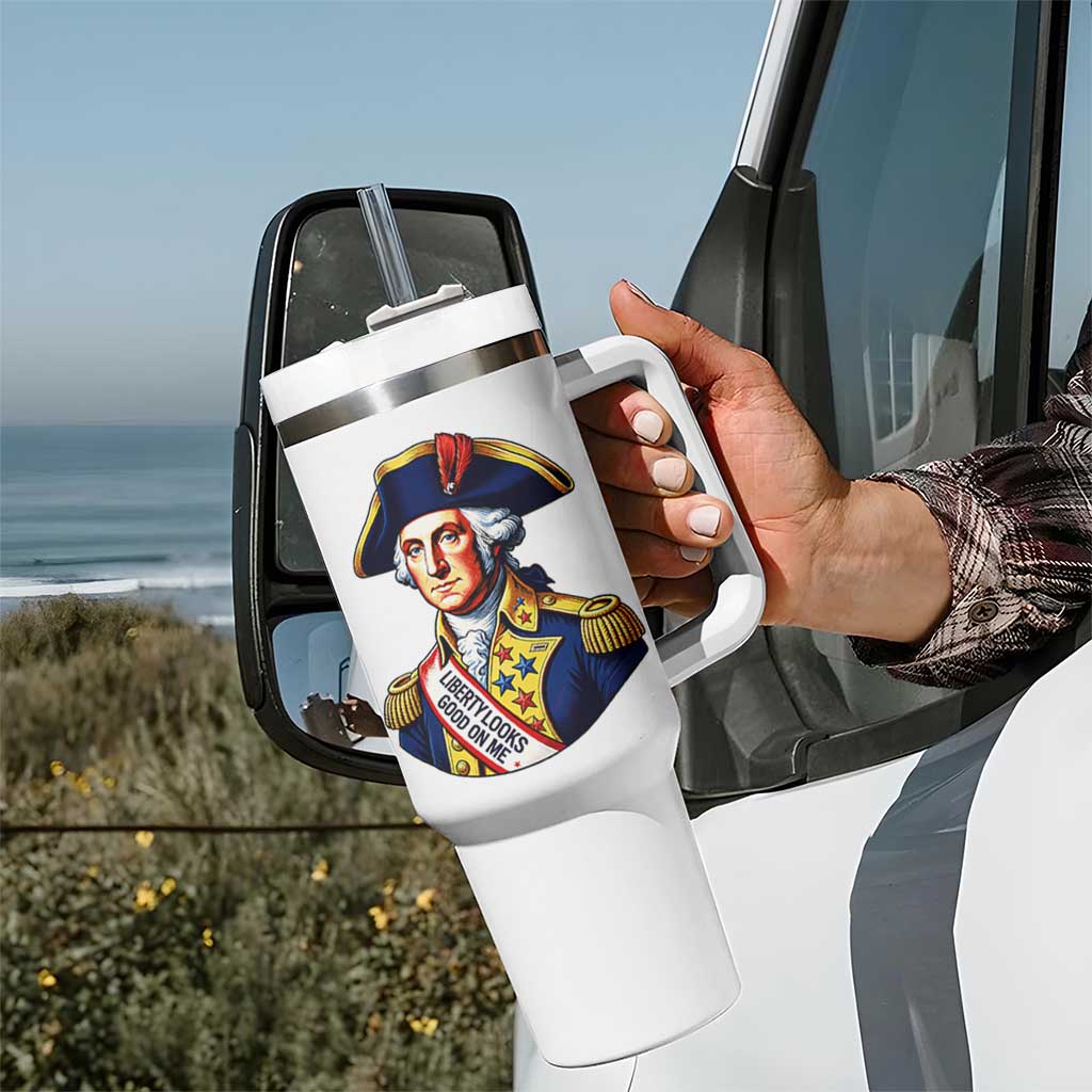 George Washington Patriotic History Graphic Tumbler With Handle Liberty Looks Good On Me 4th of July Founding Father Humor