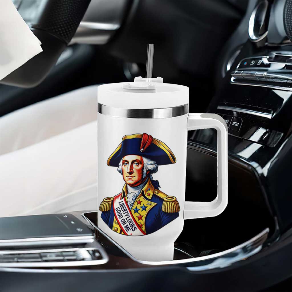George Washington Patriotic History Graphic Tumbler With Handle Liberty Looks Good On Me 4th of July Founding Father Humor