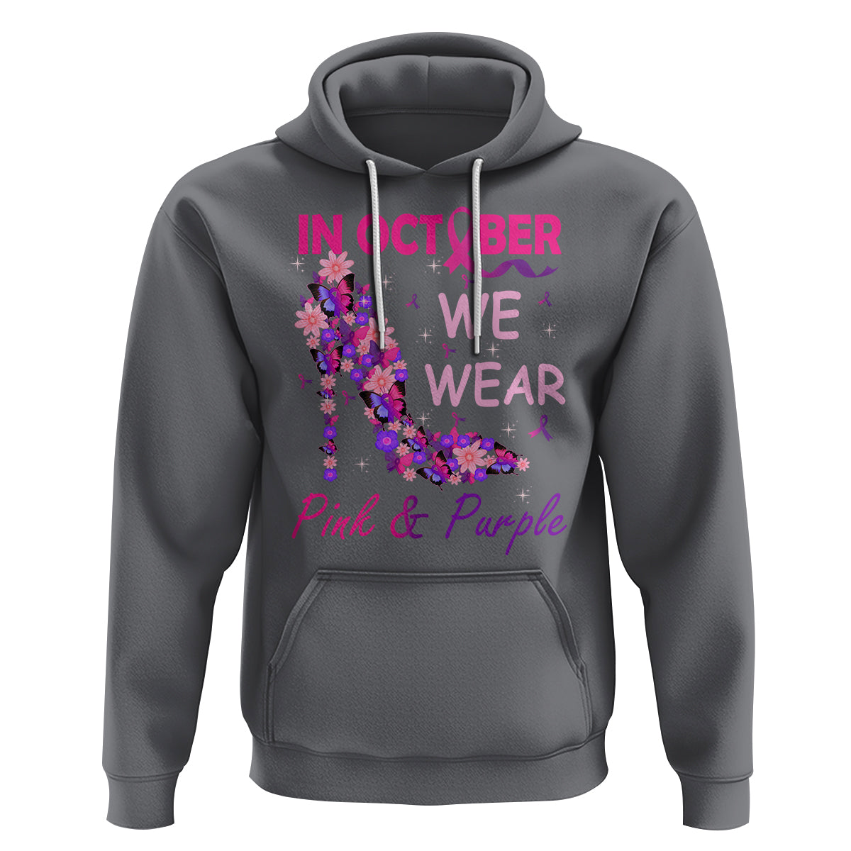 Breast Cancer And Domestic Violence Hoodie In October We Wear Pink and Purple Floral High Heel Support Women - Wonder Print Shop