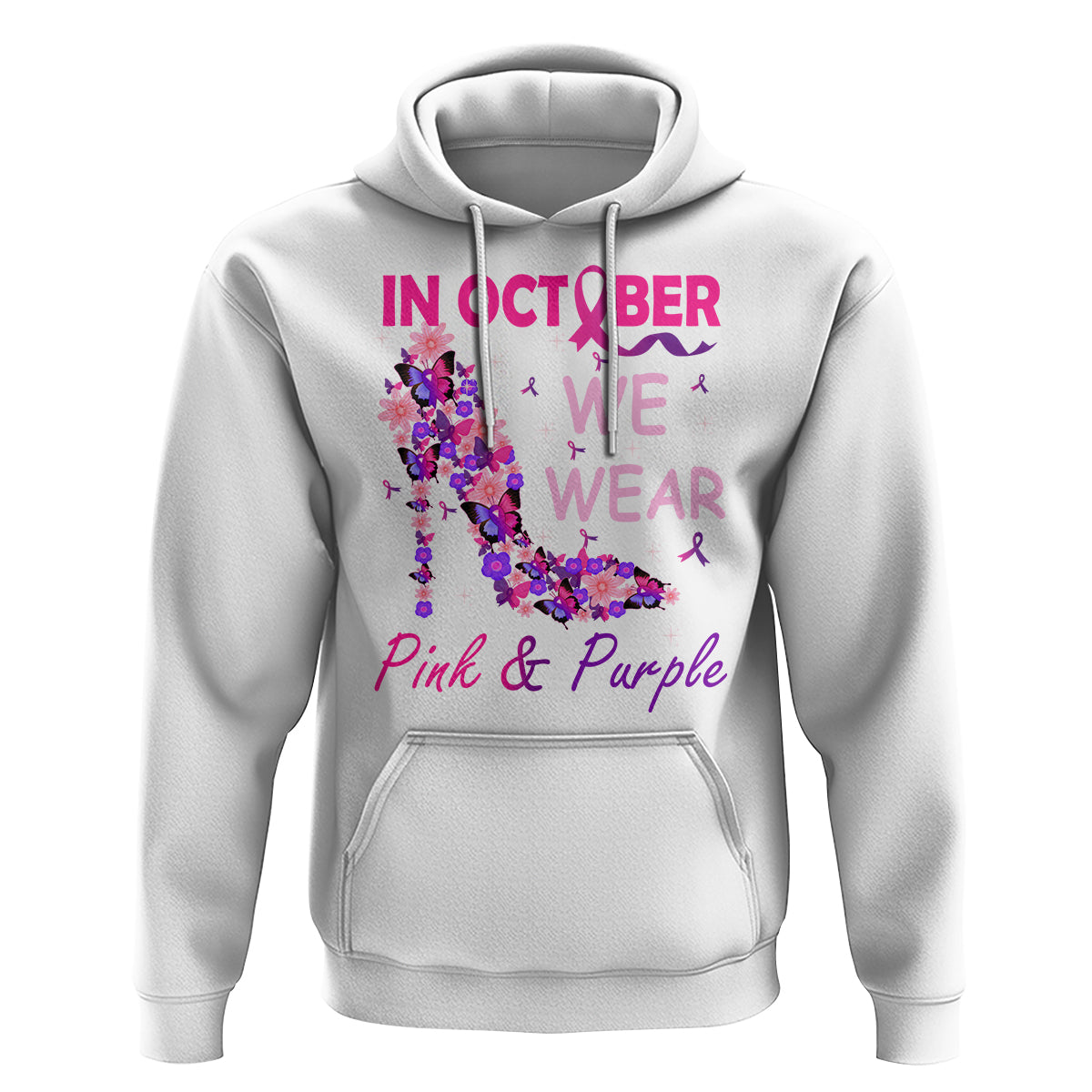 Breast Cancer And Domestic Violence Hoodie In October We Wear Pink and Purple Floral High Heel Support Women - Wonder Print Shop